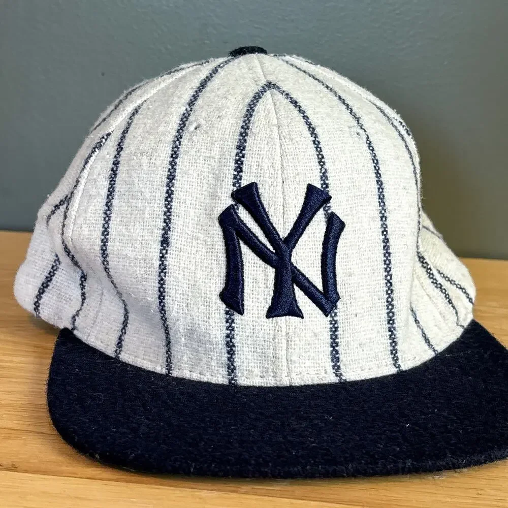 American Needle NY Yankees Cooperstown Wool Pinstripe Cream Navy Snapback Hat